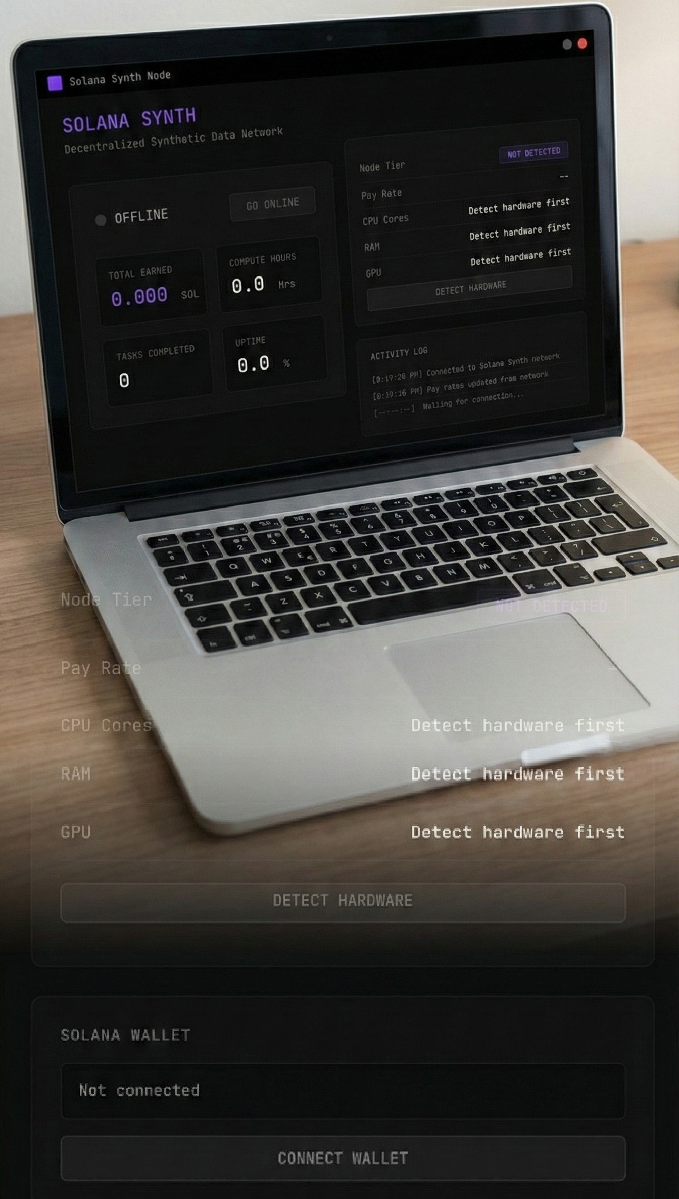 Solana Synth Node Client Interface showing dashboard with offline status and earnings stats